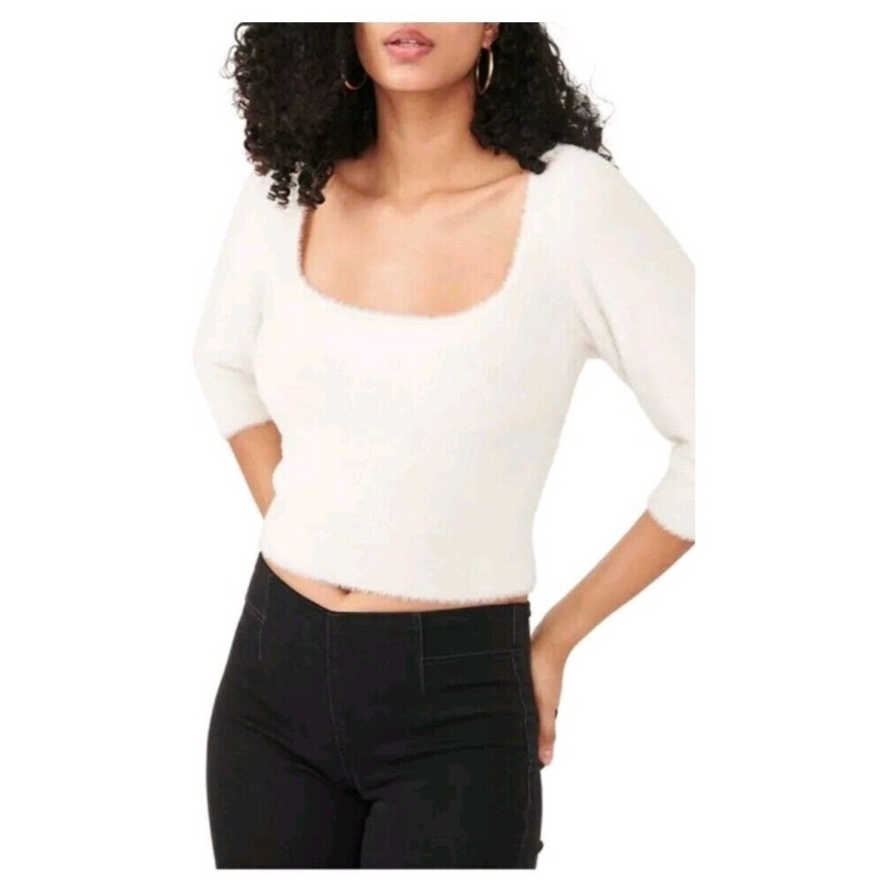 Free People Moonbeam Pullover Cropped Fuzzy Sweater Ivory Womens Size Small